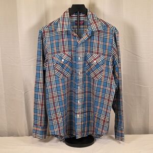 Vintage 70/80s Plaid Western Shirt Medium Blue Red Button Up